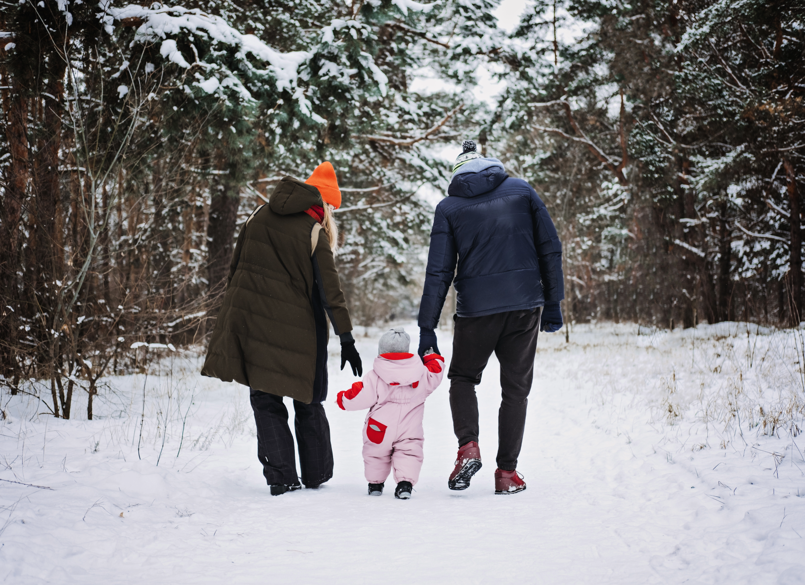 Couple taking a walk with baby during the winter in the woods.