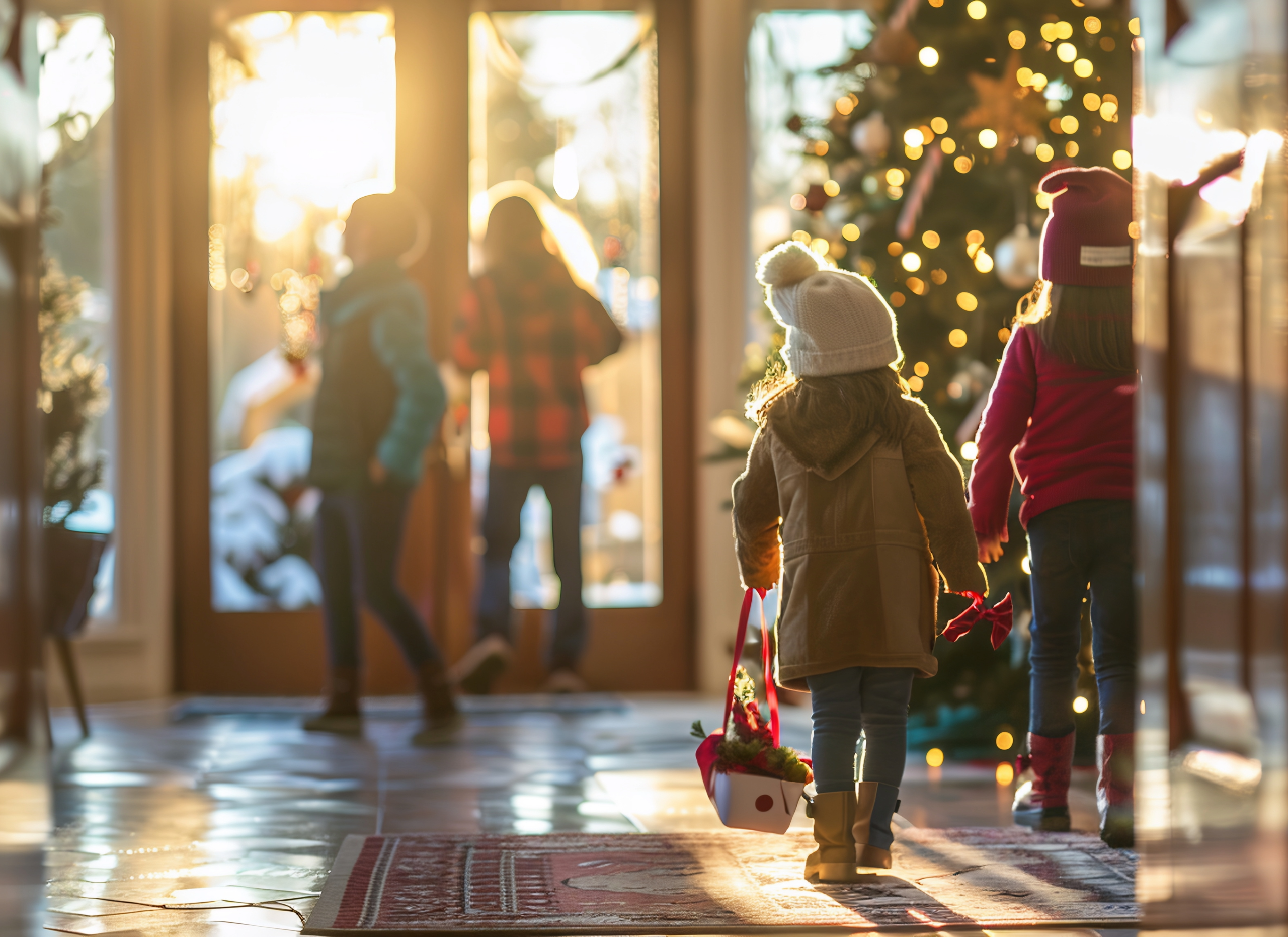 Family with jackets getting ready to go outside on Christmas day.