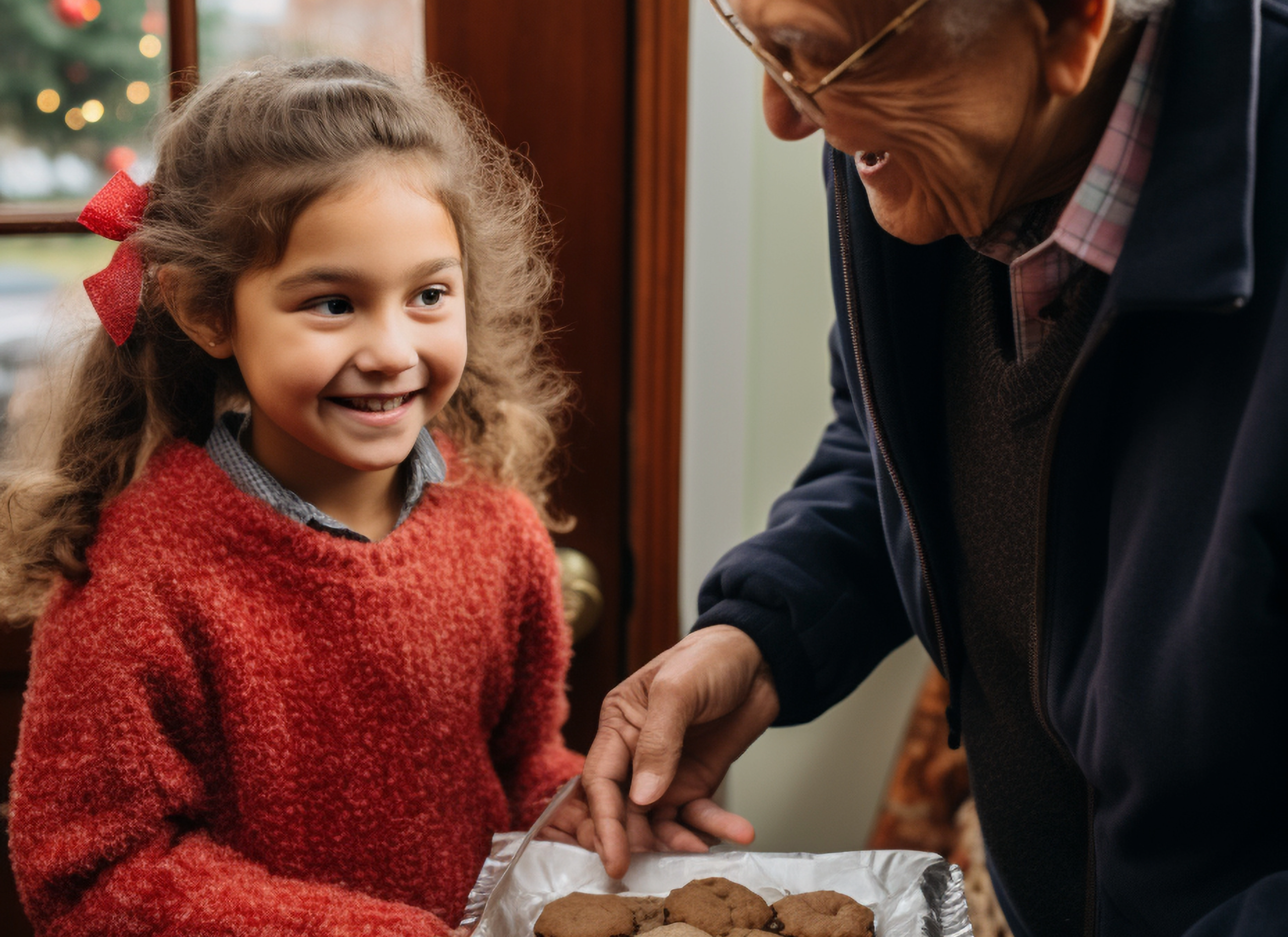 Toddler giving cookies to an elderly neighbor.