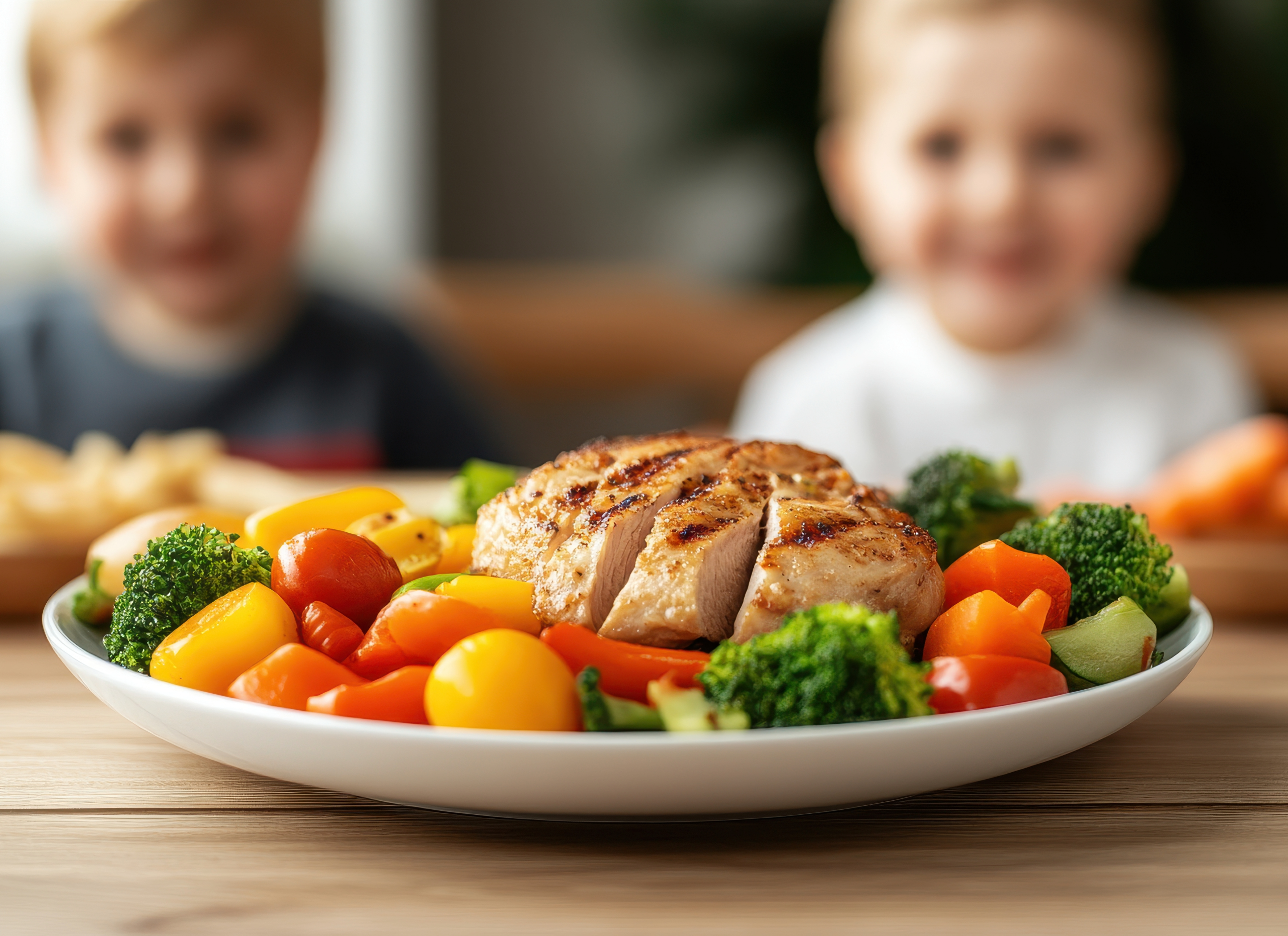 chicken and veggie salad served in kitchet table infront of two kids