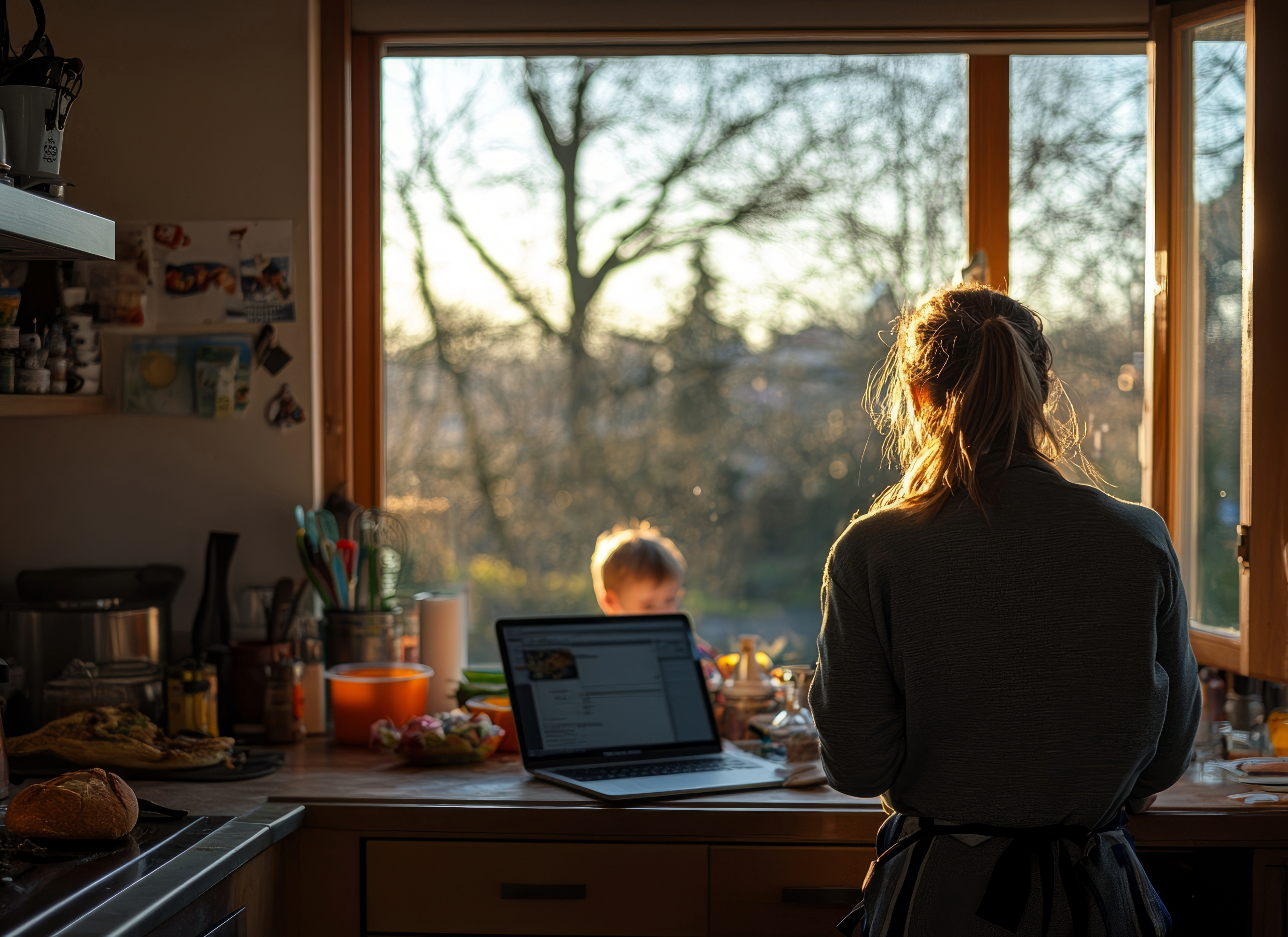 Mother working on computer inside kitchen while kid plays outside